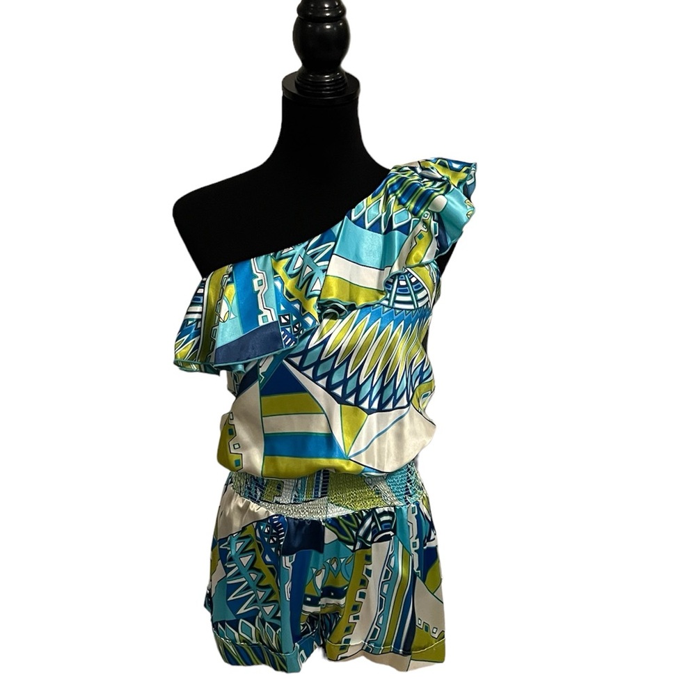 Size small romper, one shoulder, GUC, blue green white